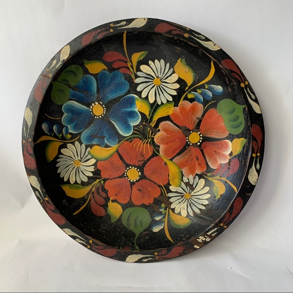 Vintage // Hand painted Floral Wood Bowl Wall Hanging